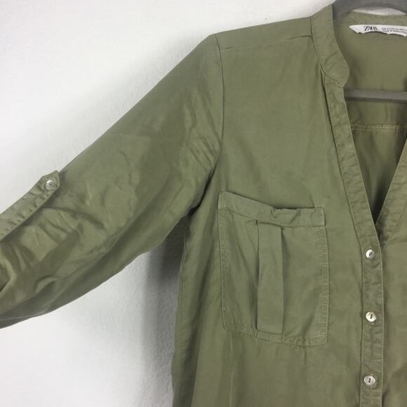 Zara Army Green Babydoll Ruffle Button Oversized Mini Dress XS Lightweight Beach - Picture 10 of 15